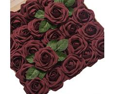 Lings moment Rose künstliche Blumen, naturgetreue, künstliche Rosen mit Stiel für DIY Hochzeit, Blumensträuße, Tafelaufsätze, Brautparty, Zuhause, Dekorationen. 50pcs Regular 3 burgunderfarben