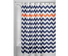 iDesign Chevron Duschvorhang Textil, pflegeleichter Duschvorhang aus Stoff mit verstärkten Löchern, Badewannenvorhang mit Zickzack-Muster, Polyester navyblau/orange
