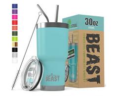 BEAST Edelstahl Becher Vakuumisolierte Tasse Kaffeebecher Doppelwandige Reiseflasche Thermobecher mit Spritzfestem Deckel, Paket mit 2 Strohhalmen, Rohrbürste & Geschenkbox (30oz, Blau)