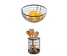 iDesign Austin Obstschale im offenen Design, runder Obstkorb aus Metall, Mattschwarz + Küchenutensilienhalter für die Arbeitsfläche, runder Besteckhalter aus Metall, Küchen Aufbewahrung, Mattschwarz