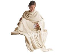 CelinaTex TV-Decke Kuscheldecke mit Ärmeln und Fußtasche 150 x 180 cm Creme weiß Coral Fleece Tagesdecke Ärmeldecke