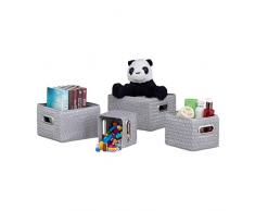 Relaxdays Aufbewahrungskörbe 4er Set, Korb-Optik, robust, Aufbewahrungsboxen für Bad, Kunststoff, als Regalkorb, grau