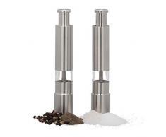 Relaxdays Pfeffermühle 2er Set manuell, Edelstahl, handlich, Gewürzmühlen, f. Reisen, unterwegs, per Daumendruck, silber