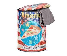 Relaxdays Sitztonne Vintage, Sitzhocker mit Pizza Motiv, Route 66, Hocker mit Deckel, Sitzpolster, HxD: 44 x 32 cm, bunt