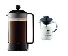 Bodum 1548-01 BRAZIL Kaffeebereiter (French Press System, Permanent Edelstahl-Filter, 1,0 liters) schwarz & 1446-01 Milchschäumer mit Glasgriff Latteo, schwarz