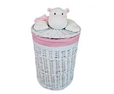 dvier Wäschekorb Wäschetruhe Weide rund rosa Plüschtier Hippo, Weiß, D.38cm H.50cm