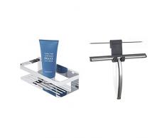 Tiger Caddy Duschkorb Rechteck klein, Duschablage aus verchromten Edelstahl + Duschabzieher Deluxe, Glaswischer inklusive flexiblem Halter, Edelstahl poliert
