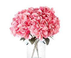Louiesya Künstliche Blumen Hortensien mit 5 großen Köpfen Kunstblumen Strauß Blumenstrauß für Zuhause Hochzeit Party Dekoration DIY dunkelrosa