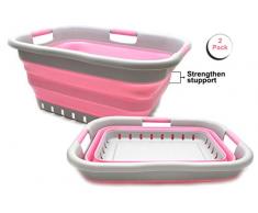 SAMMART Wäschekorb aus Kunststoff, zusammenklappbar, mit 3 Griffen, faltbar, faltbar, faltbar, tragbar, platzsparend, 2 Stück grau/pink