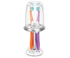 MetroDecor mDesign Zahnbürstenhalter mit Becher – hochwertiger Zahnputzbecher mit Deckel fürs Bad – Badaccessoire aus Kunststoff für Vier Zahnbürsten – durchsichtig/silberfarben