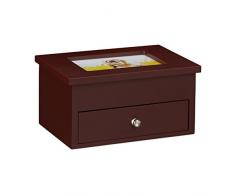 Relaxdays Schmuckkästchen mit Fotodeckel HBT: 9,5 x 18,5 x 13,5 cm kleiner Schmuckkasten mit Ringfach Schmuckaufbewahrung für Ketten und Ohrringe Schmuckschatulle mit Schubfach und Spiegel, rotbraun