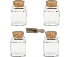 Viva Haushaltswaren - 4 x Mini Gewürzglas eckig 50 ml, Glasdose mit Korkverschluss als Gewürzdose & Vorratsdose für Gewürze, Salz etc. verwendbar (inkl. kleiner Holzschaufel 7,5 cm)