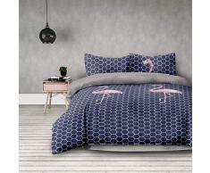 AmeliaHome 3tlg Bettwäsche 200x220 cm mit 2 Kissenbezügen 80x80 cm geometrisches Muster Microfaser Reißverschluss Basic Collection Flamingo Dark dunkelblau rosa