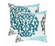 CaliTime Kissenbezüge Kissenhülle Packung mit 2 Dekokissenbezügen aus Baumwolle Bezüge für Bettcouch Sofa Vintage Compass Geometric Floral Bestickt 50cm x 50cm Teal Duckegg Grey