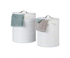 Relaxdays Wäschekorb 2er Set, Rattan, rund, stapelbar, Volumen 47 Liter, Wäschesack Baumwolle, Deckel mit Griff, weiß