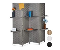 Relaxdays Paravent 4-teilig, Faltbarer Raumtrenner, Sichtschutz, 2 Ablagen, Papierseil, HxBxT 180 x 170 x 39 cm, grau, 1 Stück