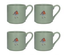 CREATIVE TOPS Wild Bedruckt stapelbare Becher, 320 ml (11,5 FL OZ) – Robin Design (Set von 4), Keramik, Salbei Grün, 12 x 8,5 x 8 cm