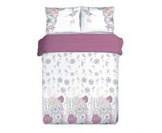 Eurofirany Bettwäsche Bettzeug Blätter Blumen Kolibri Muster Aufdruck Weiß Lila Bettbezug Baumwolle Baumwollsatin Oeko-Tex Set 2 Kissenbezüge 1 Deckenbezug, 160X200cm