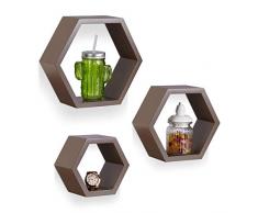 Relaxdays Wandregale sechseckig, Hängeregale 3er im Set, schwebende Dekoregale, Holzregale schmal, stabil, MDF, braun