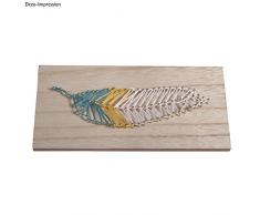 Rayher 70027000 Bastelset Nagelbild Motiv Feder Holzplatte, natur, 10 x 21 x 0,9 cm, 3 Stränge Garn in den Farben gelb, weiß, türkis, 80 Ziernägel, Fadenspannbild