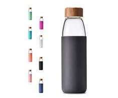 Veegoal Wasserflasche aus Borosilikatglas, mit Bambus-Deckel und Schutzhülle, 510 ml, anthrazit