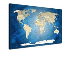 LANA KK - Weltkarte Leinwandbild âWorld Map Blue Oceanâ - deutsch - Kunstdruck-Pinnwand auf Echtholz-Keilrahmen â Globus in blau, einteilig & fertig gerahmt in 120x80cm