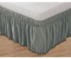 Celine Linen Luxus-Bettlaken, oben geknotet, Quaste, Pompom, Fransen, Spannbettlaken, elastisch, knitterfest, 40,6 cm Abhang, für Doppelbett, Queen-Size-Bett, King-Size-Bett Twin/Full grau