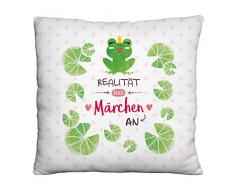 Die Geschenkewelt 46171 kleines Dekokissen mit Frosch und Spruch Realität aus Märchen an, Plüsch, grün, weiß, rosa, 25 cm x 25 cm Kissen