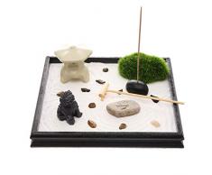 Prime Feng Shui Mini Meditation Zen Garden, Löwe und Turm Figuren Mini Garten mit Gras und natürlichen Flusssteinen, Räucherstäbchen
