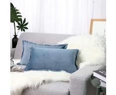 Lewondr Velvet Throw Pillow Case, 2 Pack Soft Solid Color Modern Square Pillow Case Throw Cushion Covers with Hem Stitch for Car Sofa Bed Home Decor, 12x20(30x50cm), Lake Blue