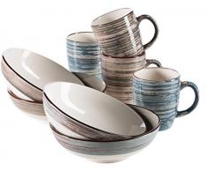 Mäser 931392, Serie Duole, 4 Kaffeebecher und 4 große Müslischalen im Set, Shabby Chic Vintage Design, Keramik, Blau / Braun