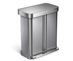 simplehuman, 58 Liter, Rechteckiger Doppelfach Treteimer mit Beutelfach, gebürsteter Stahl, 10 Jahre Garantie