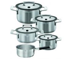 RÖSLE SILENCE Topfset, 5-tlg., Edelstahl 18/10, mit Glasdeckel mit Silikoneinfassung, Bratentopf, Kochtopf, Stielkasserolle, 2-ton-poliert, Innenskalierung, induktionsgeeignet, spülmaschinengeeignet