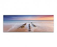 Panoramabild auf Leinwand und Keilrahmen 150x50cm Strand Ozean Steine Horizont Abendrot