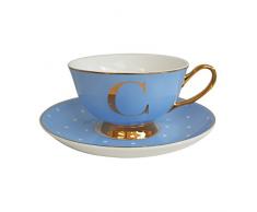 Bombay Duck Teetasse mit Untertasse, Buchstabe C, gepunktet, Knochenporzellan, Puderblau C, 15 x 15 x 7 cm