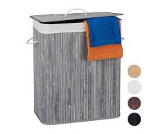 Relaxdays Wäschekorb Bambus mit Deckel, rechteckiger Wäschesammler, 2 Fächer, 95 l Volumen, faltbare Wäschebox, grau