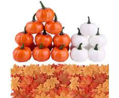 FEPITO Herbst Thanksgiving Dekorationen, Mini Künstliche Kürbisse, Tannenzapfen, Herbstblätter, Eicheln für Herbst-Party-Dekorationen, Herbst-Dekorationsset Halloween Erntedankfest Party Zubehör 50pcs Weiß、Orange