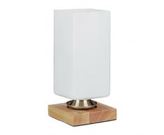 Relaxdays Tischleuchte, Milchglas, Quader Form, Holzsockel, klein, HxBxT: 25,5 x 12 x 12 cm, Tischlampe, natur weiß