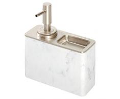 iDesign Seifenspender wiederbefüllbar, großer Pumpseifenspender mit Marmoroptik aus Kunstharz und Metall, Lotionspender für 295 ml Flüssigseife, weiß und silberfarben