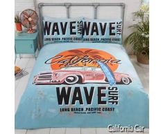 Rapport Bettwäsche-Set, Retro-Surfbrett, Surfbrett am Strand mit Palme und Oldtimer, Blau, Entenei, Einzelbett