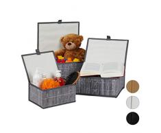 Relaxdays Aufbewahrungskorb 3er Set, mit Deckel & Stoffeinsatz, Bambuskorb, dekorative Aufbewahrungsbox, 3 Größen, grau