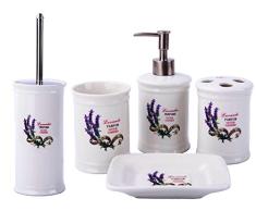 GMMH Landhaus Vintage BADSET Lavendel Badezimmer ZUBEHÖR Set SEIFENSPENDER WC BÜRSTE Keramik (5 er Set)