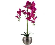 Künstliche Orchidee mit Blättern, 70 cm, Dunkelrosa mit silberfarbenem Keramik-Pflanzgefäß, gemischte Materialien