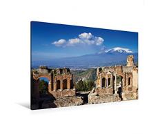 Calvendo Premium Textil-Leinwand 120 cm x 80 cm quer, Taormina - Griechisches Theater mit Ãtnablick | Wandbild, Bild auf Keilrahmen, Fertigbild auf echter Ãtnablick, Sizilien, Italien Orte Orte