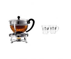 Bodum K11143-16 Chambord Set, Teebereiter mit Plastikfilter 1,3L, mit Rechaud Glänzend & ASSAM 2-teiliges Kaffeeglas-Set (Doppelwandig, Metallgriff, Spülmaschinengeeignet, 0,3 liters) glänzend