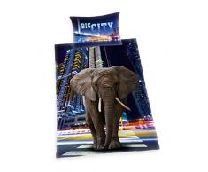 Herding Young Collection Bettwäsche-Set, Big City Elephant Wendemotiv, Bettbezug 160 x 210 cm, Kopfkissenbezug 65 x 100 cm, Baumwolle/Renforcé