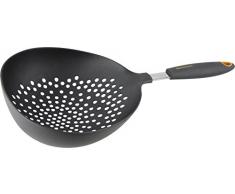 Fackelmann Jumbo-Seiher Ø 18 cm SOFT, Küchenhelfer mit Funktionsteil aus Kunststoff, Sieb für beschichtete Töpfe und Pfannen (Farbe: Orange/Grau), Menge: 1 Stück