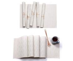 hysenm Farbe PVC Vinyl Tischsets Und Läufer, Set Bambus Muster Hitzebeständig Tisch MATS 1XTable Runner + 6Pcs Placemats weiß