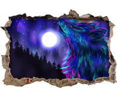 Pixxprint 3D_WD_S2769_92x62 eleganter Wolf mit hellem Mond Wanddurchbruch 3D Wandtattoo, Vinyl, bunt, 92 x 62 x 0,02 cm