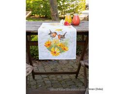 Vervaco PN-0161964 Rotkehlchen & Blumen Aida Tischläufer Stickset Zählmuster, Baumwolle, mehrfarbig, ca. 32 x 84 cm / 12,8 x 33,6